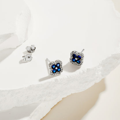Womens Four‑Leaf Clover Stud Earrings, Round Blue Zirconia Center Stone With Paved Border, S925 with White Gold Plating
