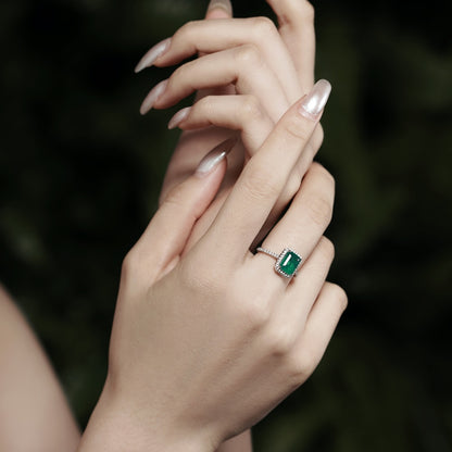 Women's Rectangular Emerald Green Zirconia Center Stone Halo Paved Ring, S925 with White Gold Plating