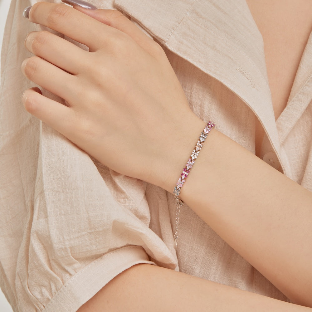 Women's High‑End Tennis Bracelet, Multicolor Marquise Zirconia Flower Design Inlay, S925 with White Gold Plating