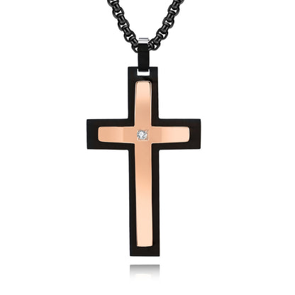 Men's Double-Layered Four-Sided Chamfered Zircon-Encrusted Cross Pendant Necklace