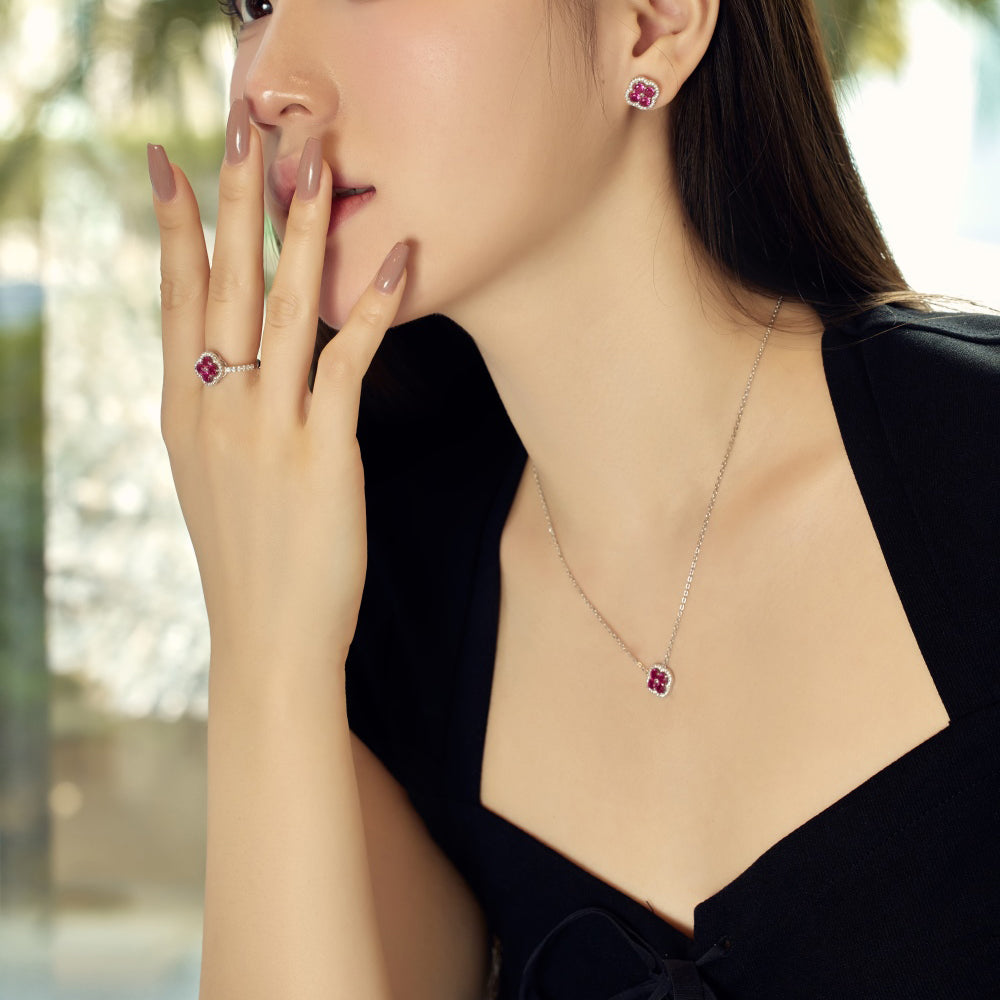 Women's Clover Halo Stud Earrings, Round Fuchsia Sapphire, S925 with White Gold Plating