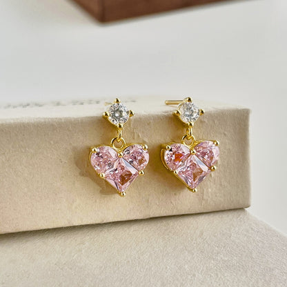 Women's Dangle Earrings, Pink Heart‑Shape Zirconia with Round Zirconia Accent, S925 with 18K Gold Plating