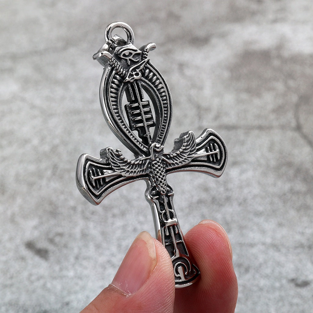 Vintage Stainless Steel Double-sided Egyptian Ankh Cross Pendant Necklace for Men