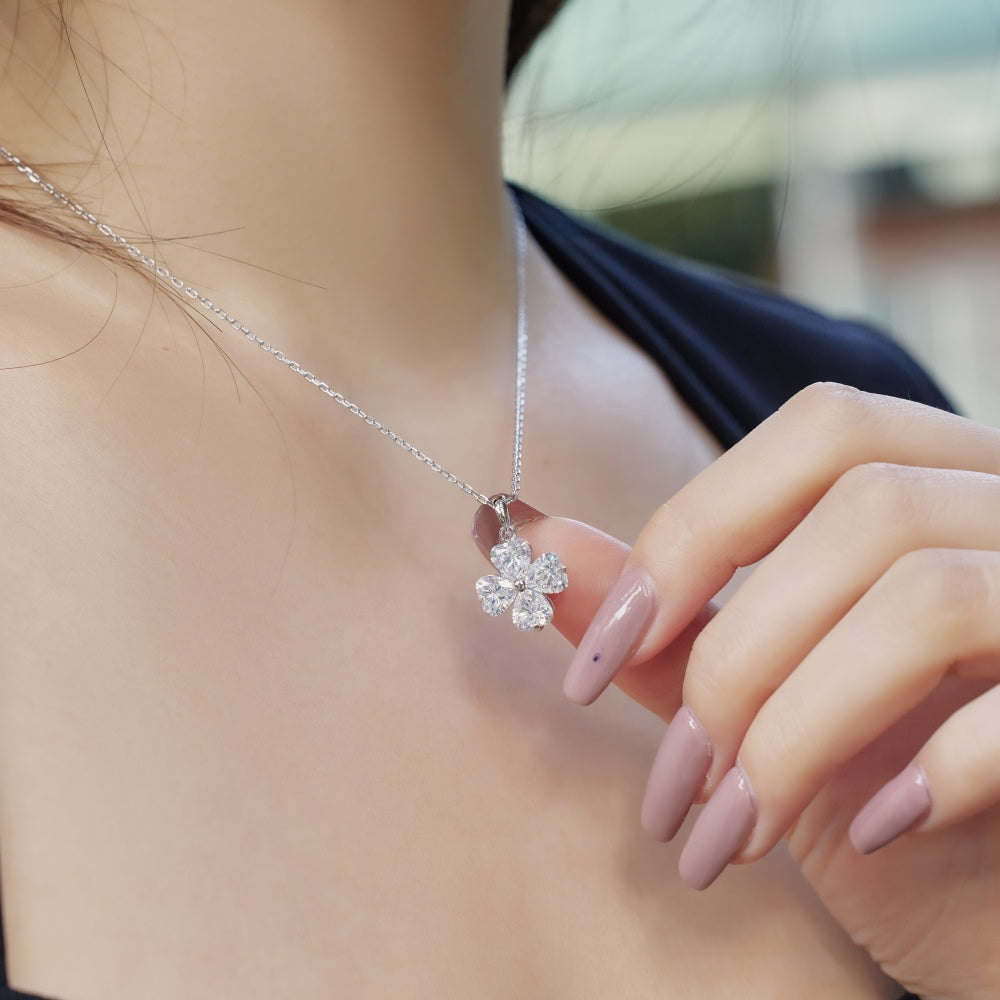 Women's Clover Pendant Necklace, Heart Shape Zirconia Accent, S925 with White Gold Plating