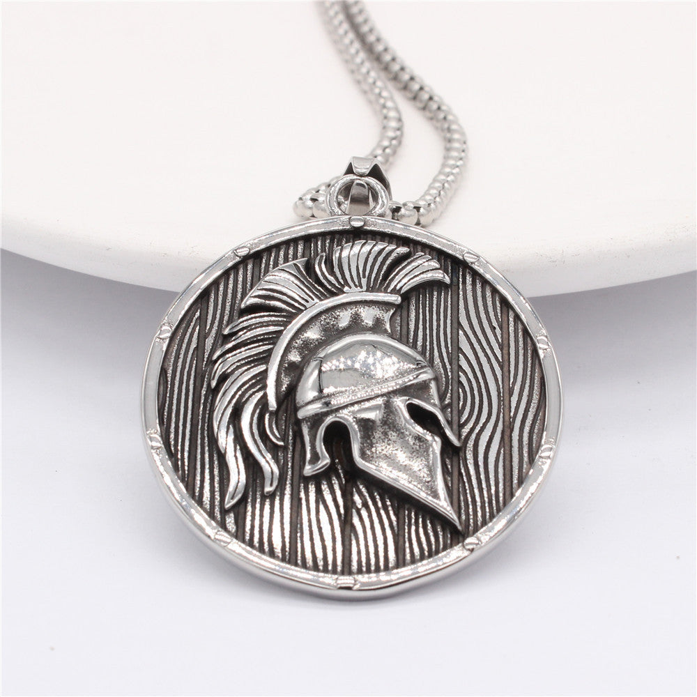 Men's Vintage Spartan Warrior Helmet Round Pendant Necklace
