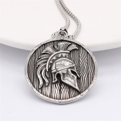 Men's Vintage Spartan Warrior Helmet Round Pendant Necklace