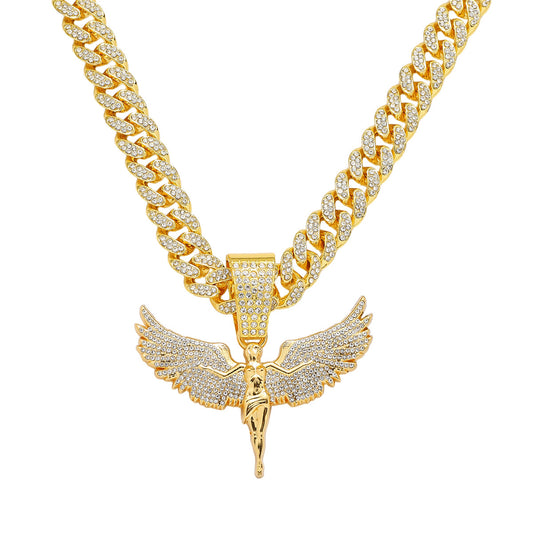 Hip-Hop Angel Wings Cuban Chain Pendant Necklace