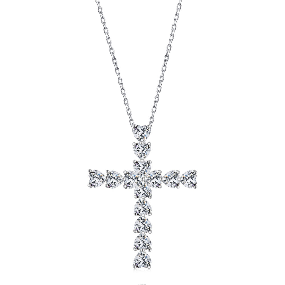 Women's Stylish Cross Pendant Necklace, Heart Shape Zirconia Inlay, S925 with White Gold Plating