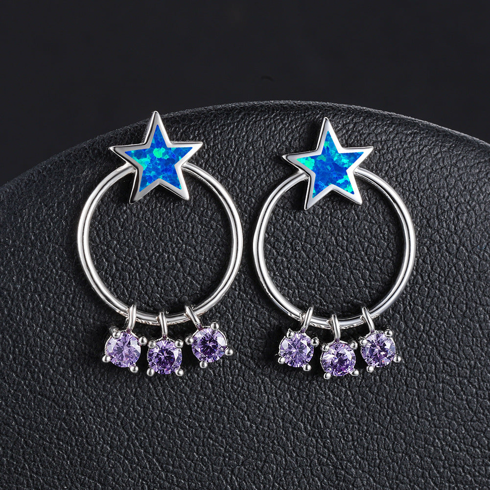 Women's Circle‑Hoop Star Blue & White Opal Dangle Zirconia Stud Earrings, White Gold Plating & Rose Gold Plating