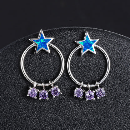 Women's Circle‑Hoop Star Blue & White Opal Dangle Zirconia Stud Earrings, White Gold Plating & Rose Gold Plating