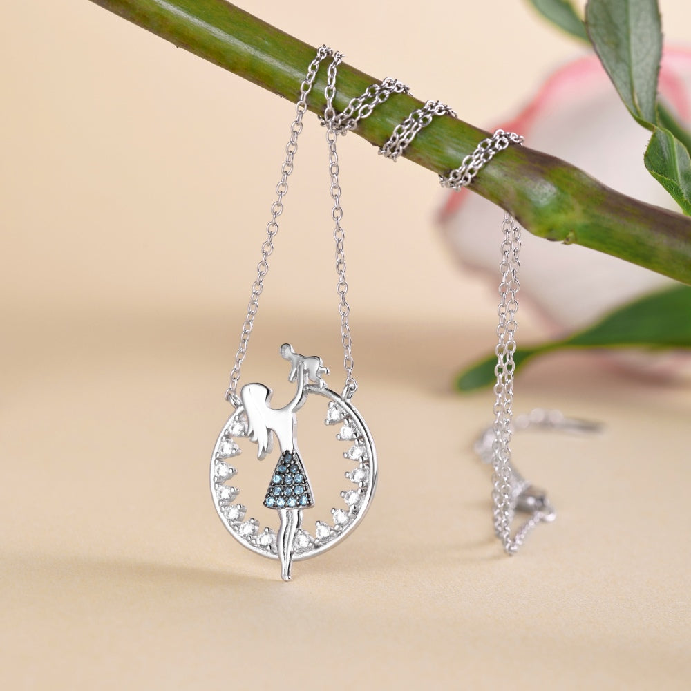 Women's Mom Holding Baby Pendant Necklace, Gradient White‑Blue Round Zirconia Inlay, S925 with White Gold Plating