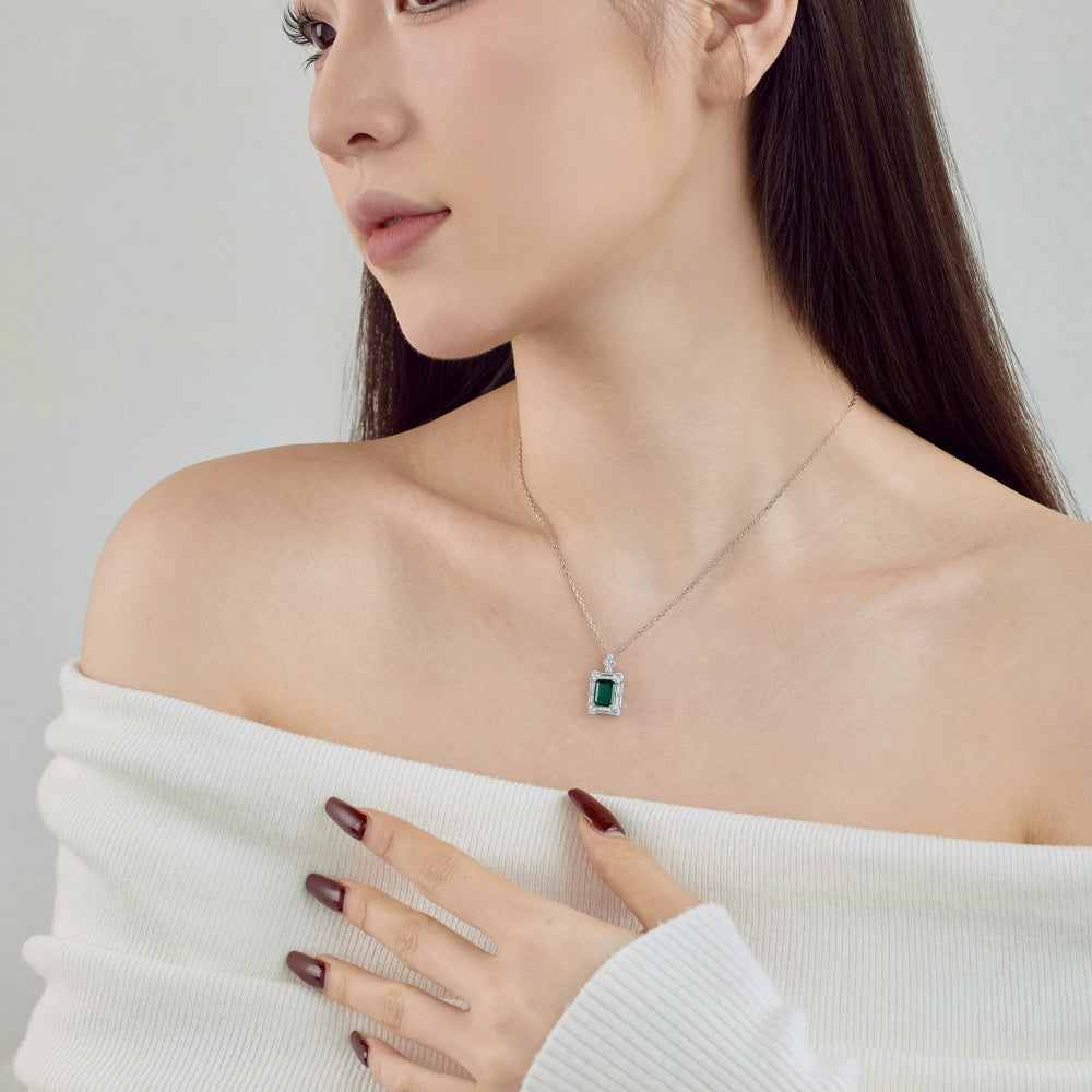 Women's Rectangular Emerald Pendant Necklace, S925 with White Gold Plating