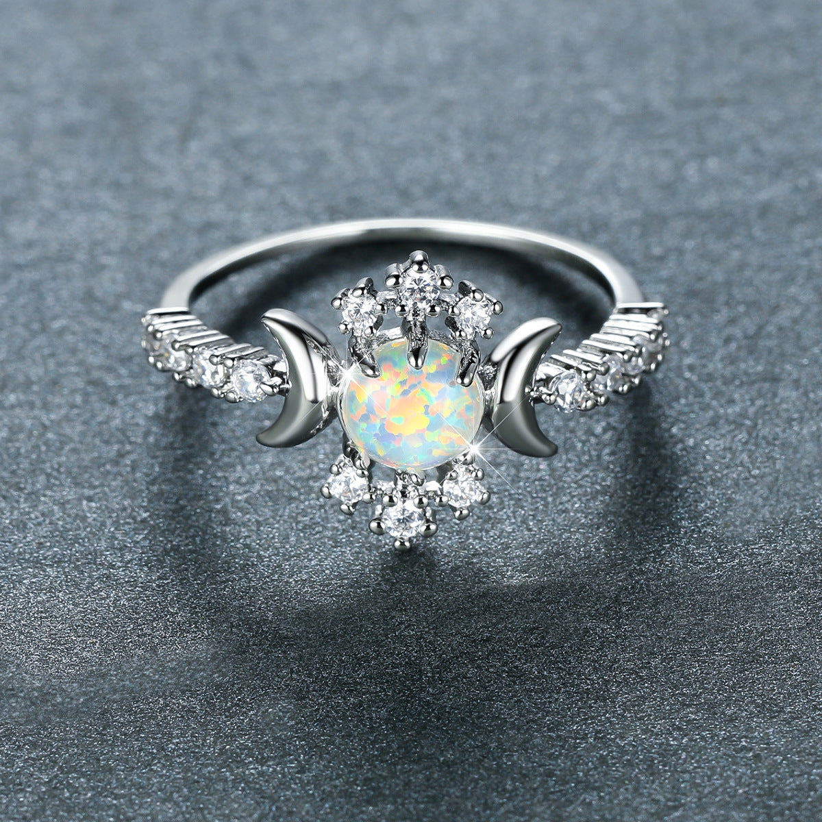 Women's Triple Moon Opal ring with Color Zirconia