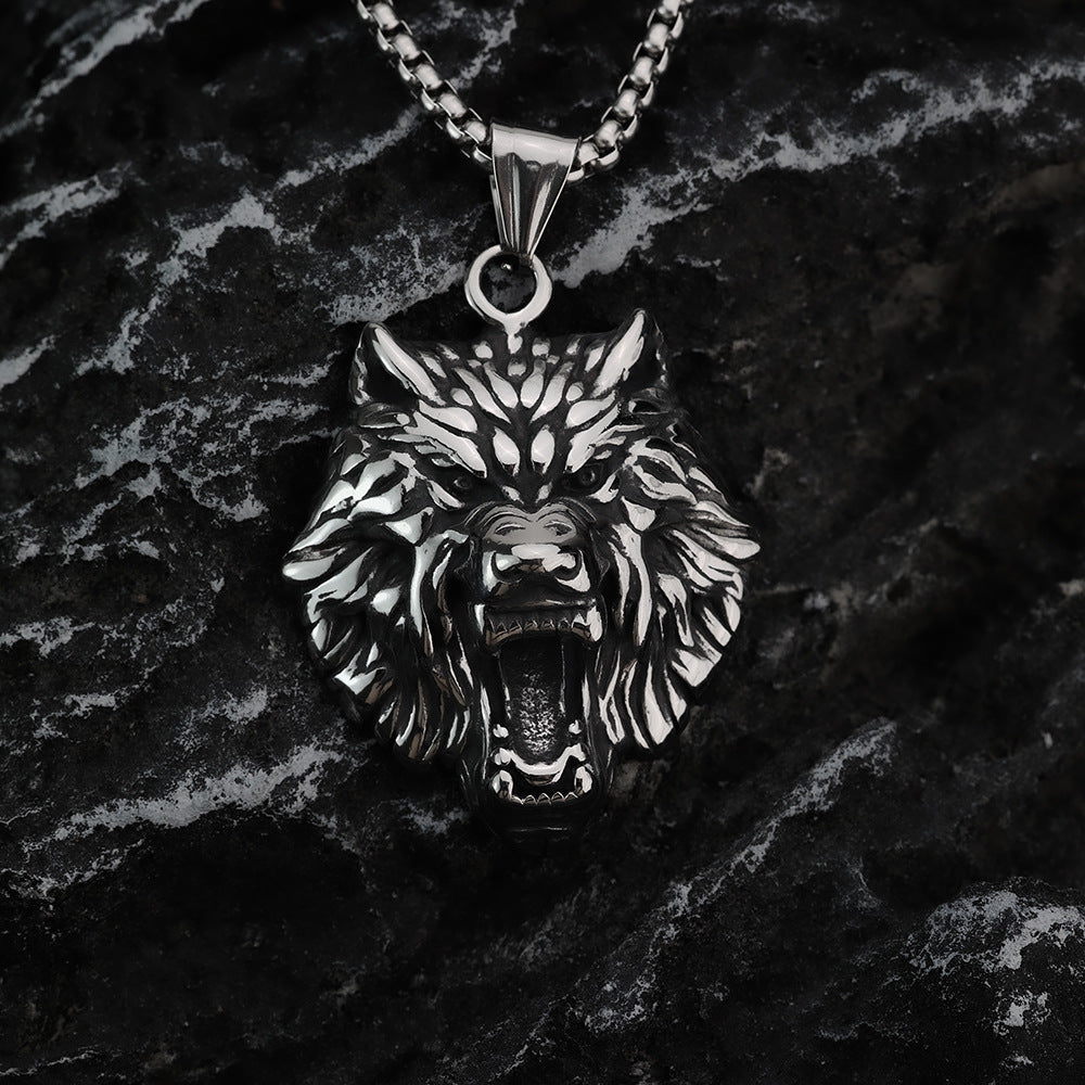 Men's Steel 3D Roaring Wolf Head Pendant Necklace