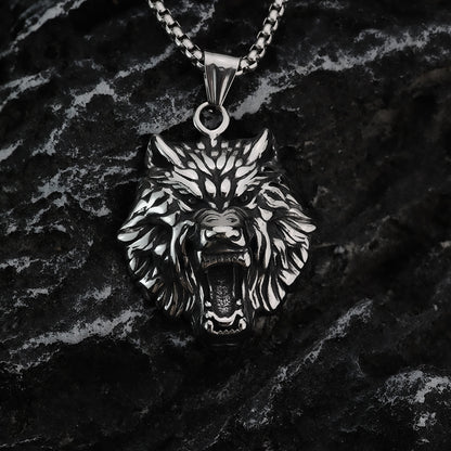 Men's Steel 3D Roaring Wolf Head Pendant Necklace