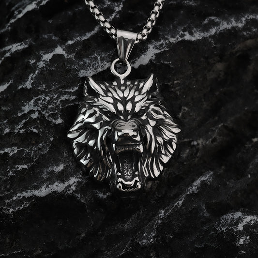 Men's Steel 3D Wolf Head Pendant Necklace