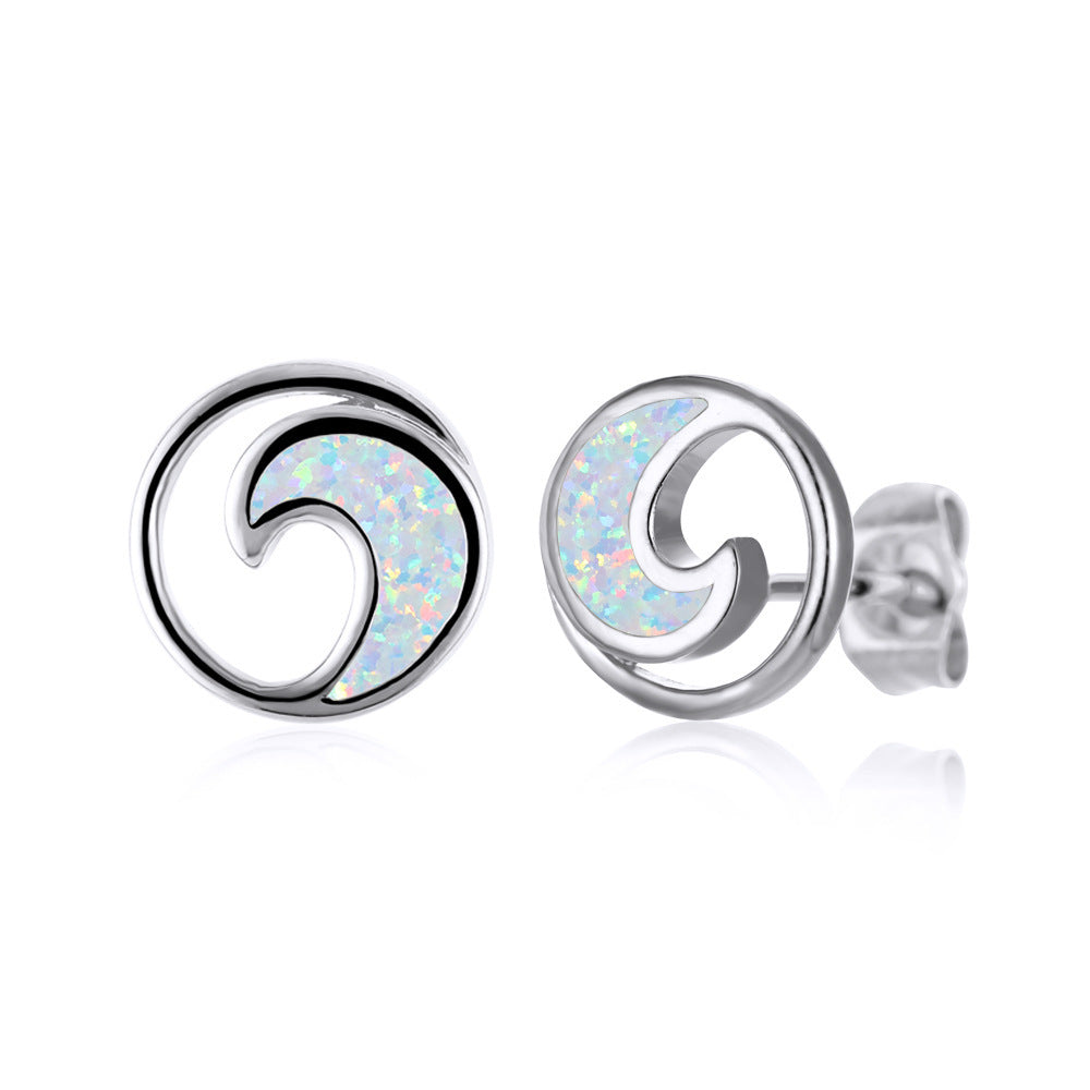 Women's Round Ocean Wave Opal Stud Earrings, Inlaid with Blue Opal & White Opal, with White Gold Plating / Gold Plating