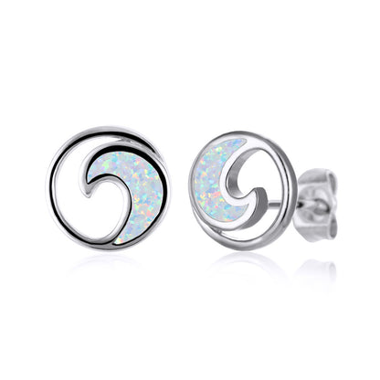 Women's Round Ocean Wave Opal Stud Earrings, Inlaid with Blue Opal & White Opal, with White Gold Plating / Gold Plating
