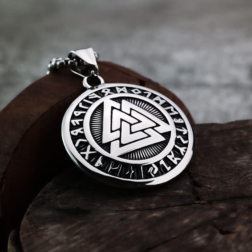 Men's Steel Viking Valknut Rune Round Tag Pendant Necklace