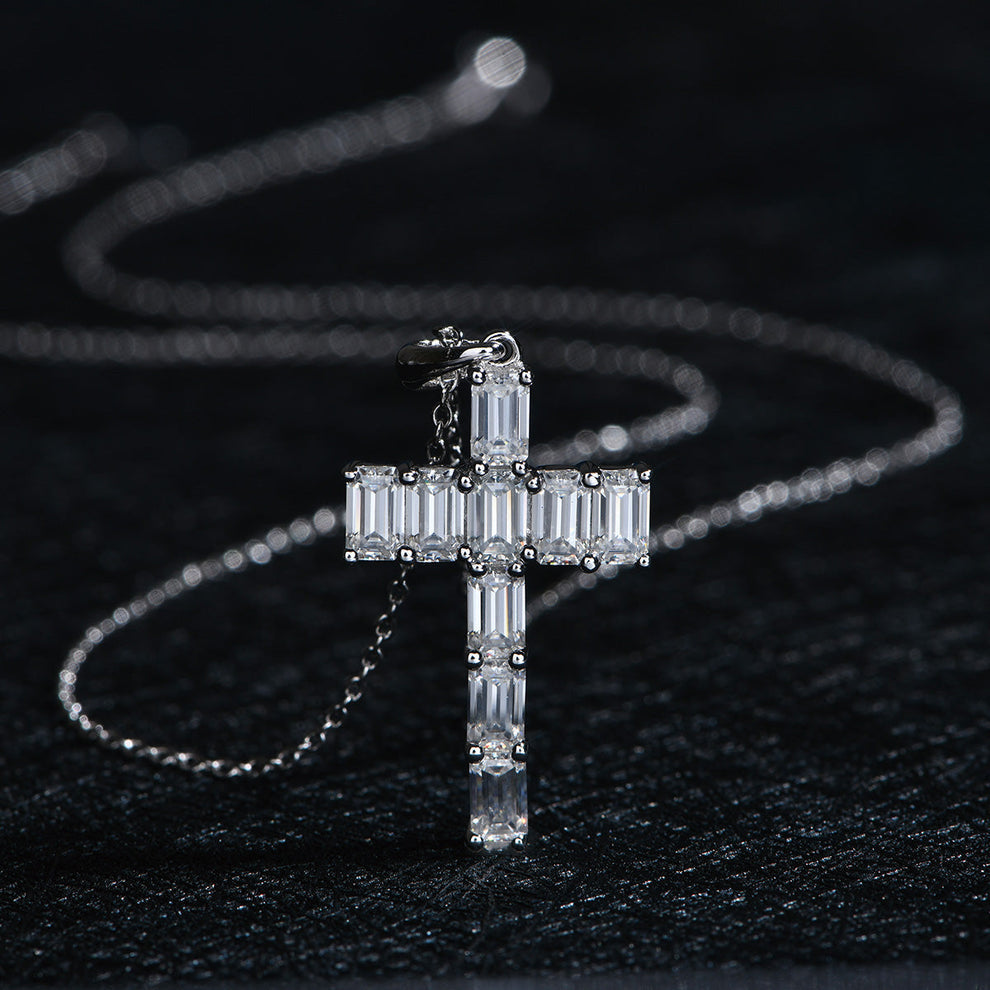 Women's Sterling Silver Emerald Cut Moissanite Tennis Cross Pendant