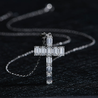 Women's Sterling Silver Emerald Cut Moissanite Tennis Cross Pendant
