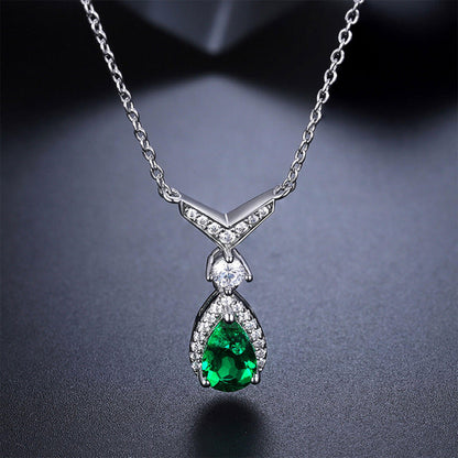 Women's Sterling Silver White Gold Drip Shape Emerald Full Stones Pendant