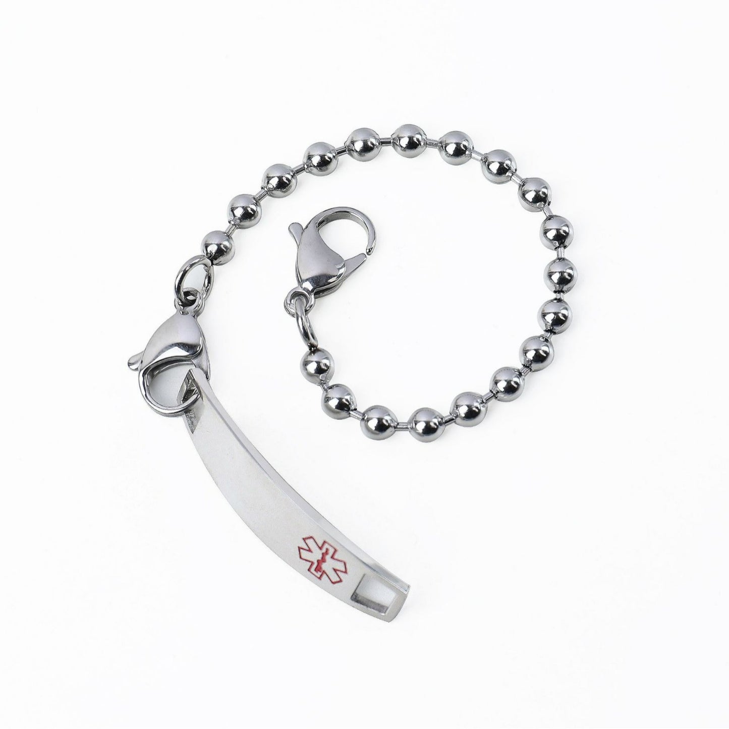 Silver Stainless Steel Round Ball Chain Bracelet for Men, Medical Curved Tag with Lobster Clasp Wrist Chain