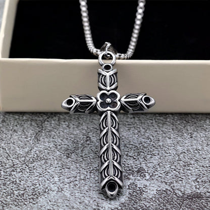 Vintage Stainless Steel Men's Double Sided Engraved Cross Pendant Necklace