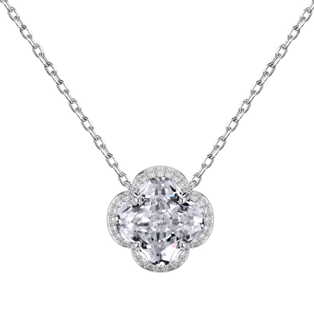 Women's Pendant Necklace, White Zirconia Four‑Leaf Clover Plum Blossom Flower Design, S925 with White Gold Plating