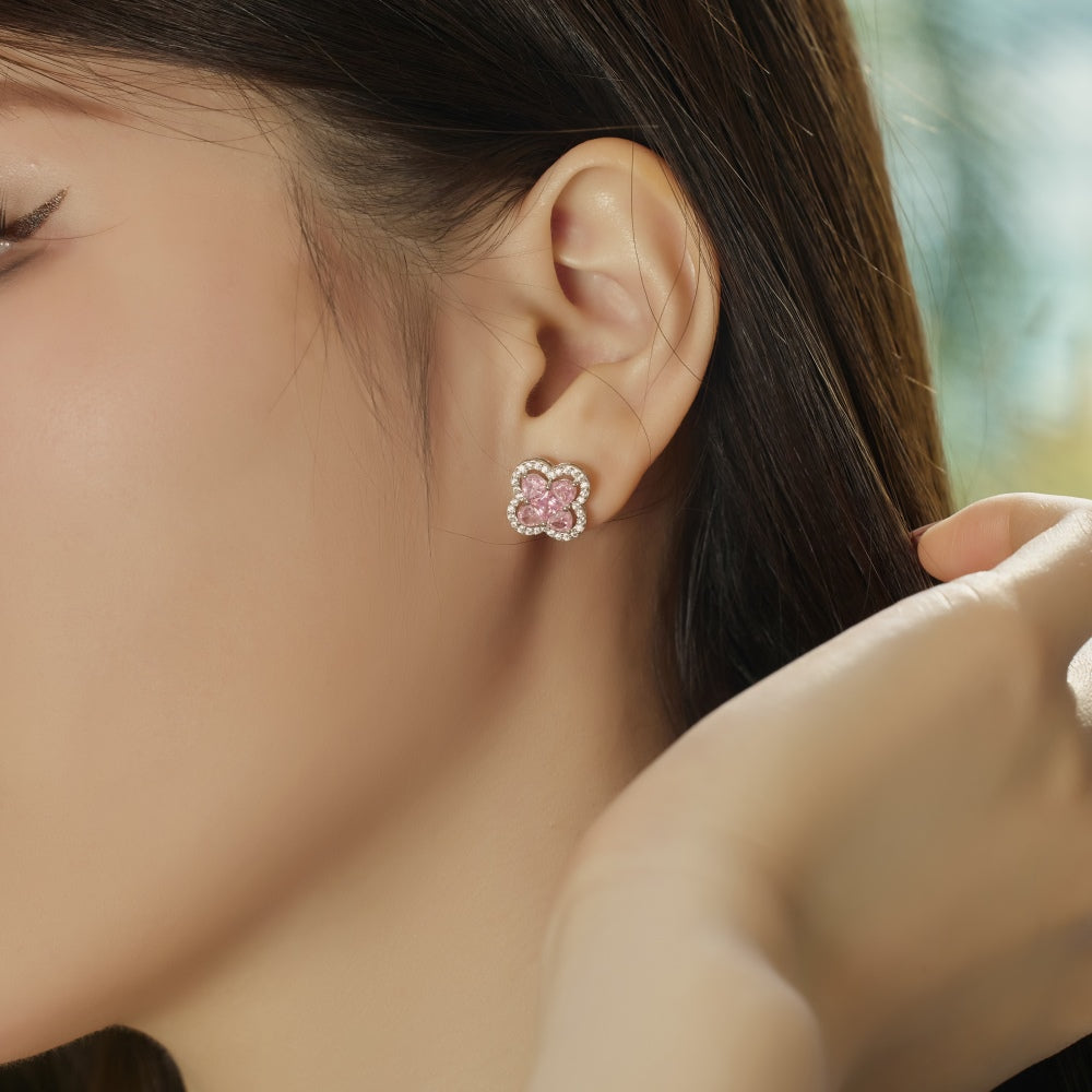 Women's Clover Halo Stud Earrings, Heart‑Shape Pink Zirconia, S925 with White Gold Plating