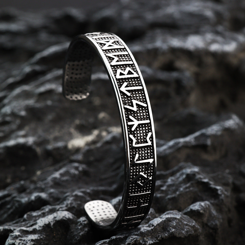Men's Nordic Pirate Vintage Solid Stainless Steel Open C Cuff Bracelet, Engraved Viking Rune Symbols Adjustable Retro Bangle