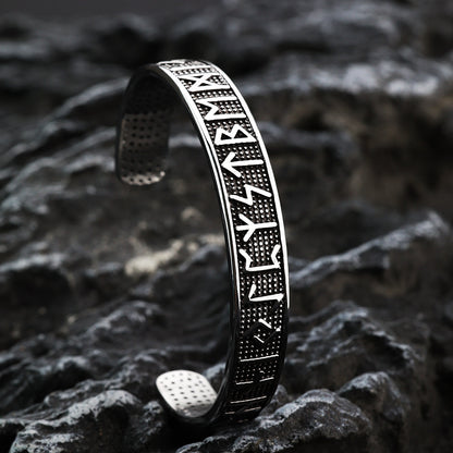 Men's Nordic Pirate Vintage Solid Stainless Steel Open C Cuff Bracelet, Engraved Viking Rune Symbols Adjustable Retro Bangle
