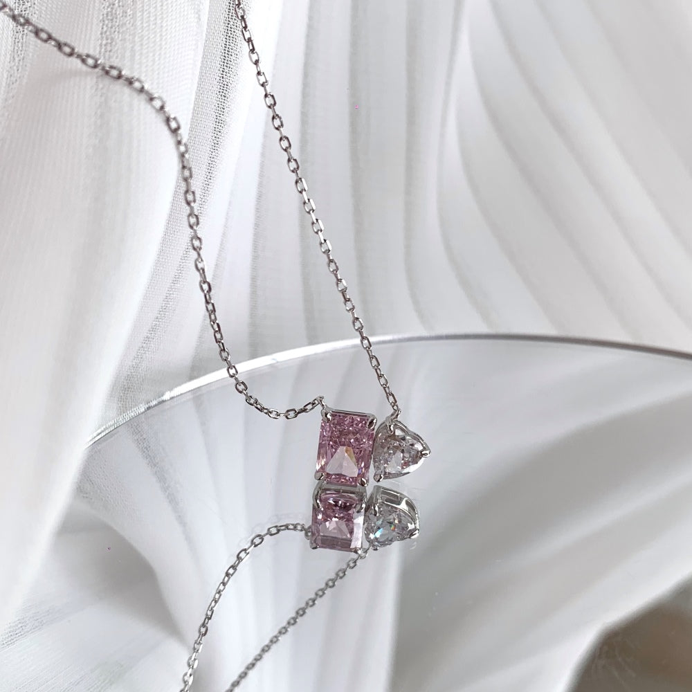 Women's Dual‑Main‑Stone Pendant Necklace, Heart Shape Zirconia & Pink Sapphire Inlay, S925 with White Gold Plating