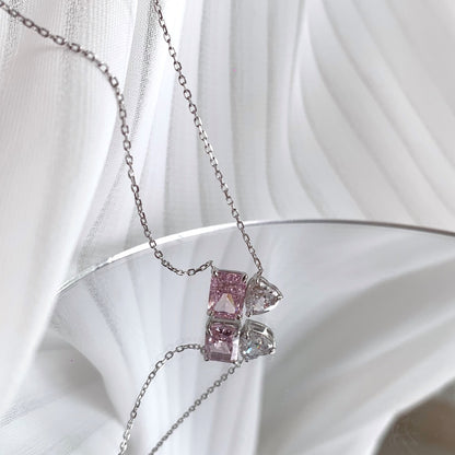 Women's Dual‑Main‑Stone Pendant Necklace, Heart Shape Zirconia & Pink Sapphire Inlay, S925 with White Gold Plating