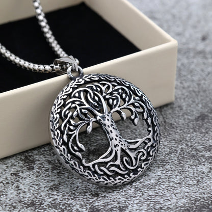 Vintage Stainless Steel Hollow Tree of Life Pendant Necklace for Men