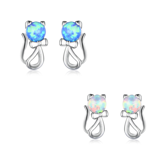 Women's Cat‑Bow‑Knot Shape Stud Earrings, Blue Opal / White Opal