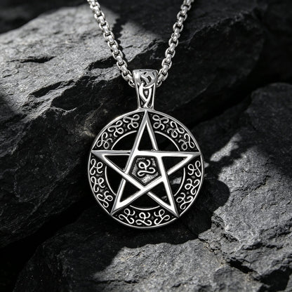 Men's Steel Pentagram Round Pendant Necklace