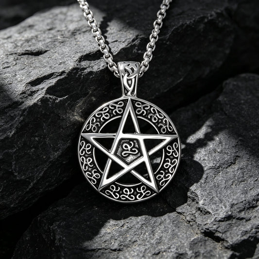 Men's Steel Pentagram Round Pendant Necklace