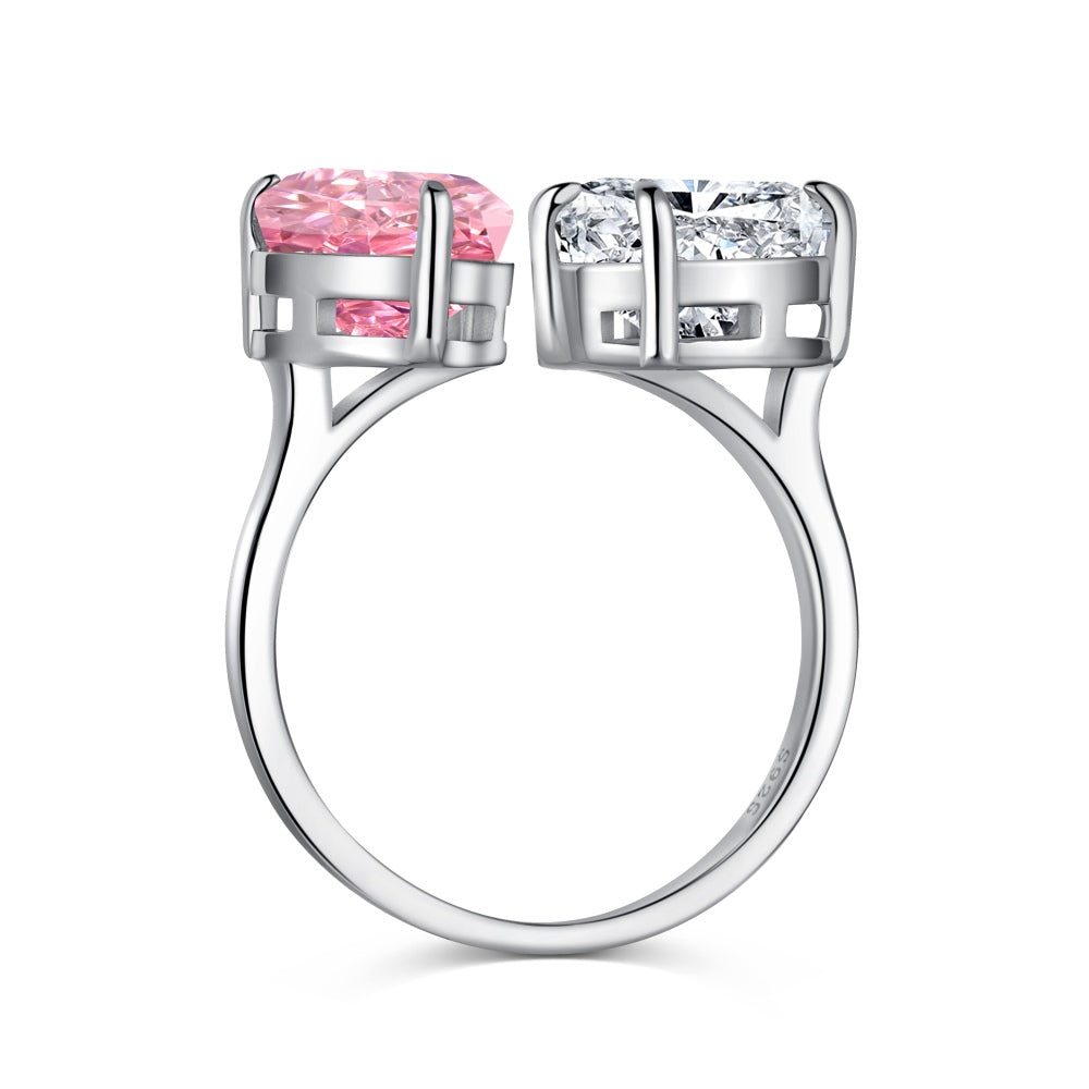 Women's Radiant Ice Flower Cut Pink Heart & Pear Double Center Zirconia Ring, S925 with White Gold Plating