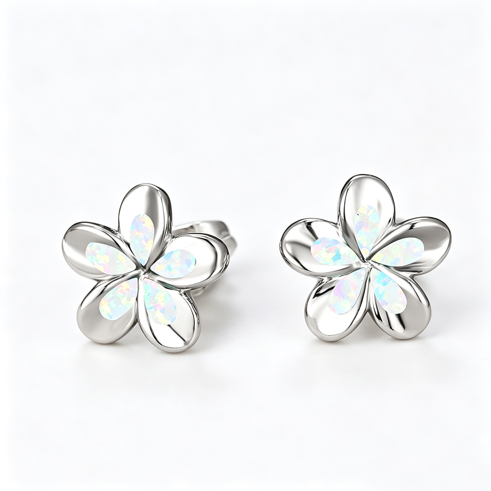 Women's 3D Five-Petal Flower Stud Earrings Inlaid With White & Blue Opal