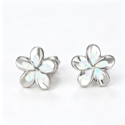 Women's 3D Five-Petal Flower Stud Earrings Inlaid With White & Blue Opal