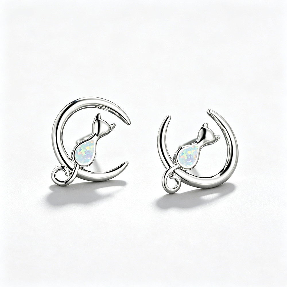 Women's Cat‑On‑Crescent‑Moon Stud Earrings With Teardrop Opal, with White Gold / Rose Gold Plating