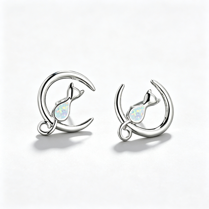 Women's Cat‑On‑Crescent‑Moon Stud Earrings With Teardrop Opal, with White Gold / Rose Gold Plating