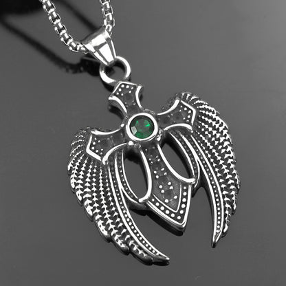 Men's Steel Winged Cross With Green Zirconia Pendant Necklace
