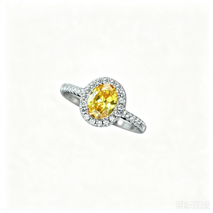 Women's S925 Silver White Gold Tone Ring, Yellow Oval Zircon Inlaid Fashion Ladies Ring