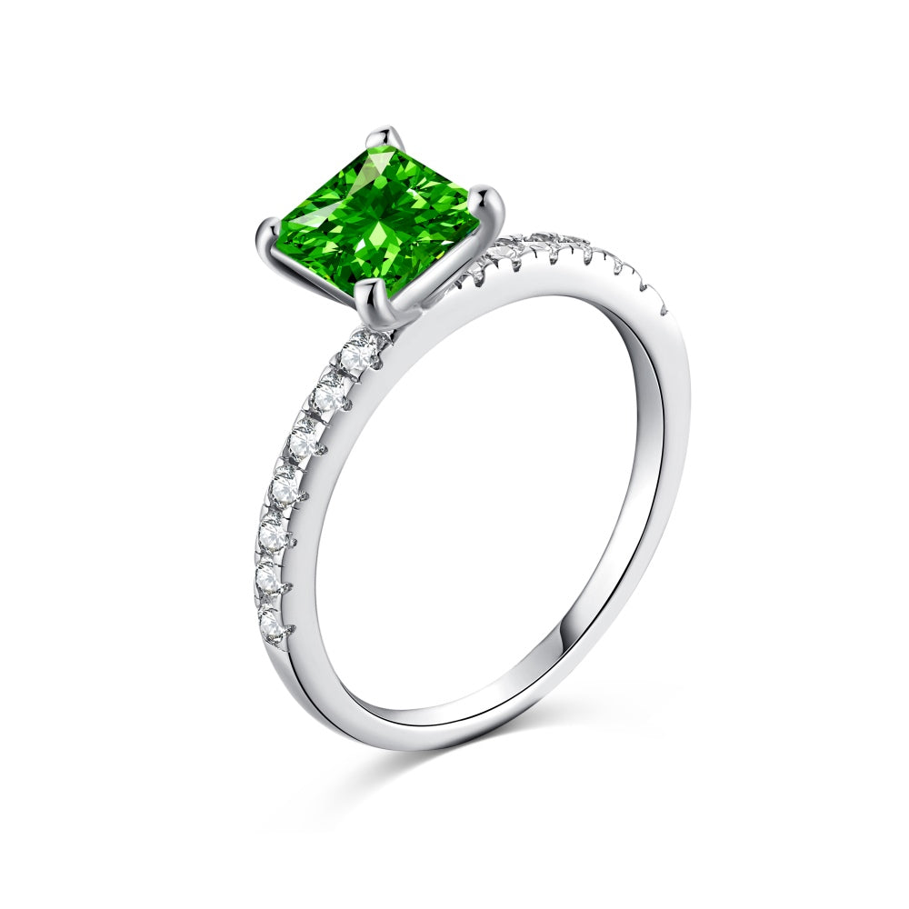 Women's Emerald Zirconia Four Prong Square Row Stone Ring, S925 with White Gold Plating