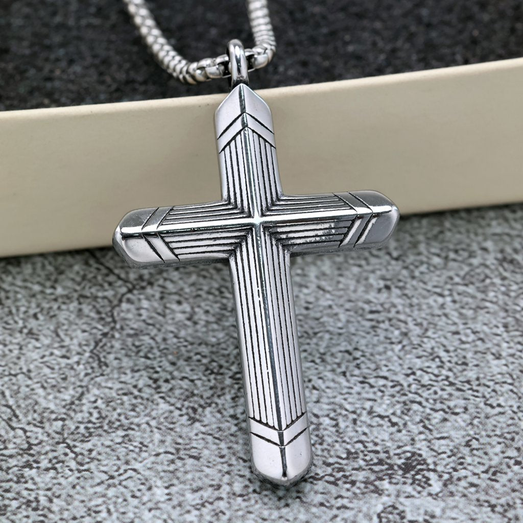 Vintage Stainless Steel Cross Striped Pendant Necklace for Men