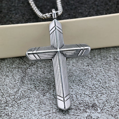 Vintage Stainless Steel Cross Striped Pendant Necklace for Men
