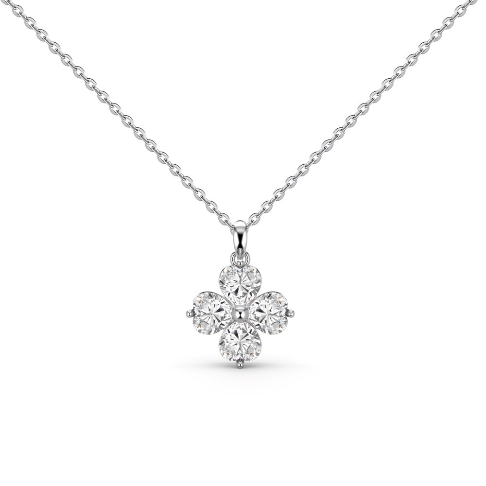 Women's Clover Pendant Necklace, Heart Shape Zirconia Accent, S925 with White Gold Plating