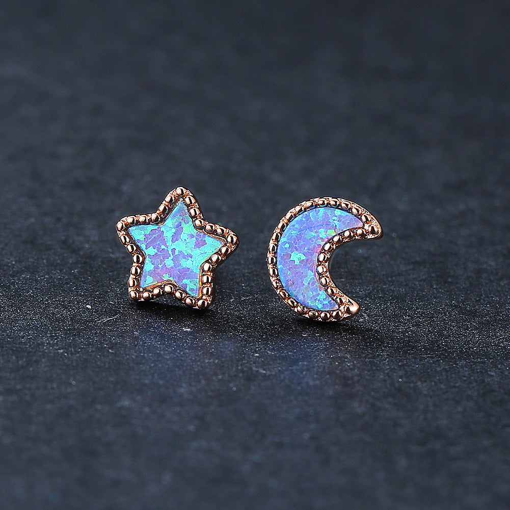 Women's Asymmetrical Star‑Moon Blue / White Opal Stud Earrings, with White Gold Plating / Rose Gold Plating